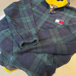 Vintage 90s Tommy Hilfiger Flag Logo Plaid Fleece Jacket Yellow Lined Size M